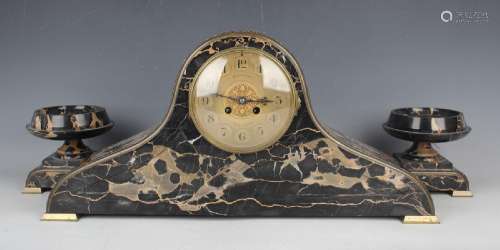 A late 19th century French veined black marble clock garnitu...