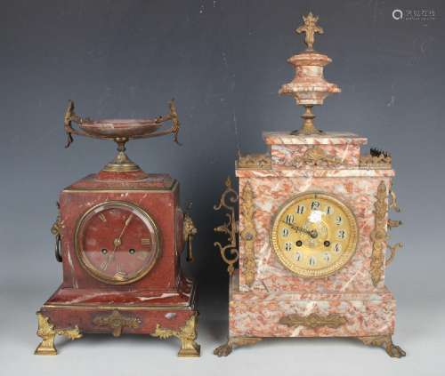 A late 19th century rouge marble and gilt metal mantel clock...