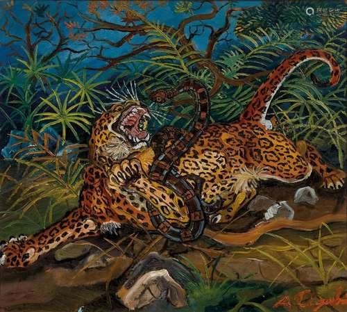 ANTONIO LIGABUE 1899-1965 Leopard with snake 1953-1955