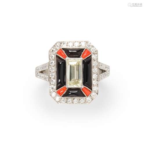 A diamond, coral and black chalcedony ring
