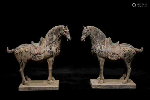 A PAIR OF CHINESE BLUESTONE PAINTED HORSES, TANG DYNASTY