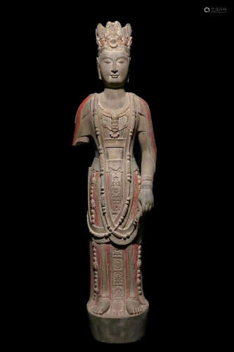 CHINESE BLUESTONE PAINTED BUDDHA STATUE, NORTHERN QI