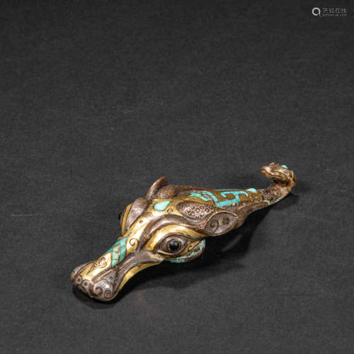CHINESE COPPER BELT HOOK INLAID WITH GOLD, HAN DYNASTY