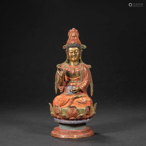 CHINESE BRONZE GILDED PAINTED BUDDHA STATUE, LIAO DYNASTY
