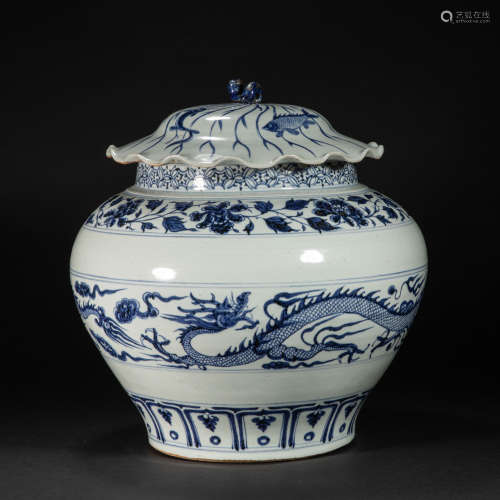 CHINESE BLUE AND WHITE LID JAR, YUAN DYNASTY