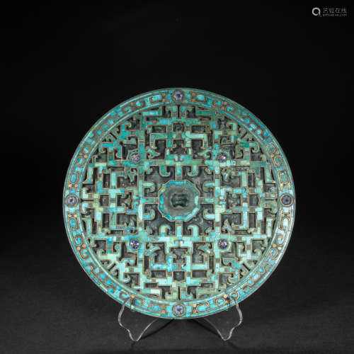 CHINESE GOLD INLAID TURQUOISE BRONZE MIRROR, HAN DYNASTY
