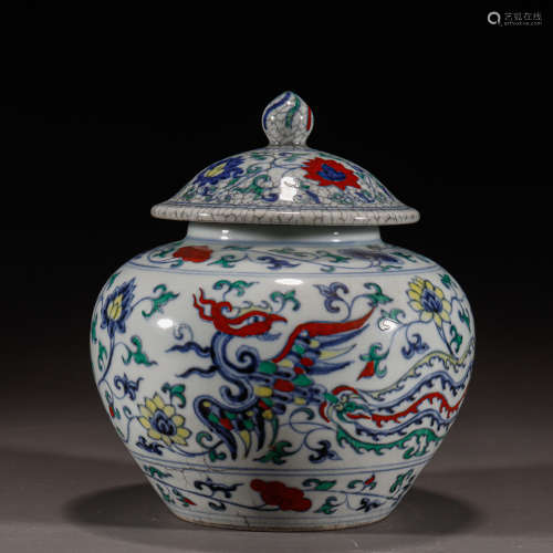CHINESE DOUCAI LID JAR, MING DYNASTY