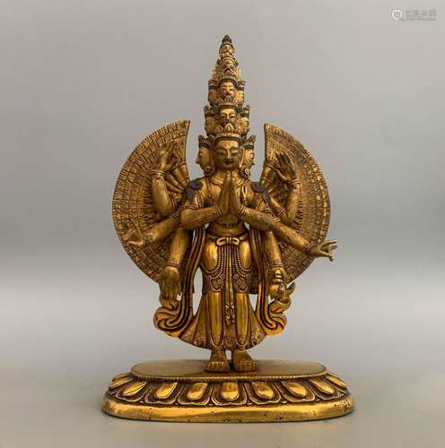 Bronze gilded thousand hand Guanyin statue in Qing Dynasty