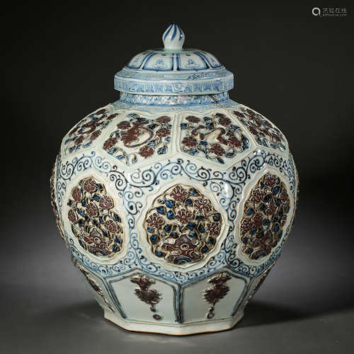 CHINESE YUAN DYNASTY BLUE AND WHITE GLAZE RED JAR
