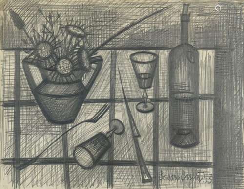 Bernard BUFFET (1928-1999)<br />
Bouteille, verres et bouque...