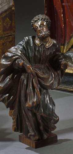 Statuette en bois tendre polychrome d'un saint personnage da...