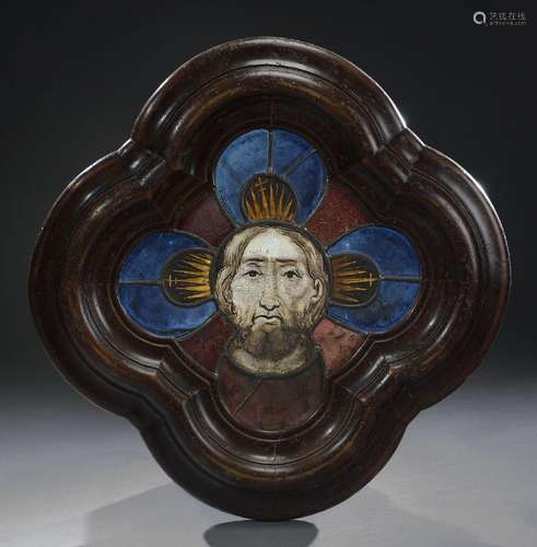 Rare « Tête de Christ auréolé. » Vitrail polylobé polychrome...