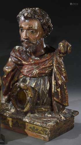 Important buste reliquaire en bois laqué polychrome et or, f...