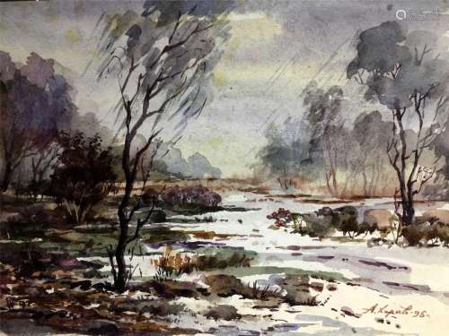Winter landscape watercolor painting A. Horov