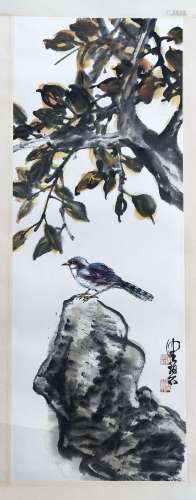 CHINESE SCROLL PAINTING OF BIRD ON ROCK SIGNED BY CHEN PEIQI...