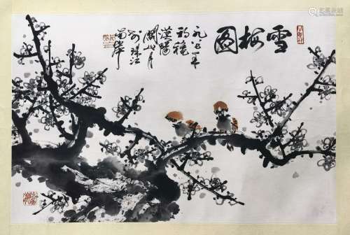 CHINESE SCROLL PAINTING OF BIRD ON TREE SIGNED BY GUAN SHANY...