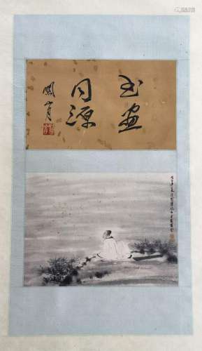 CHINESE SCROLL PAINTING OF MAN BY LAKE SIGNED BY FU BAOSHI