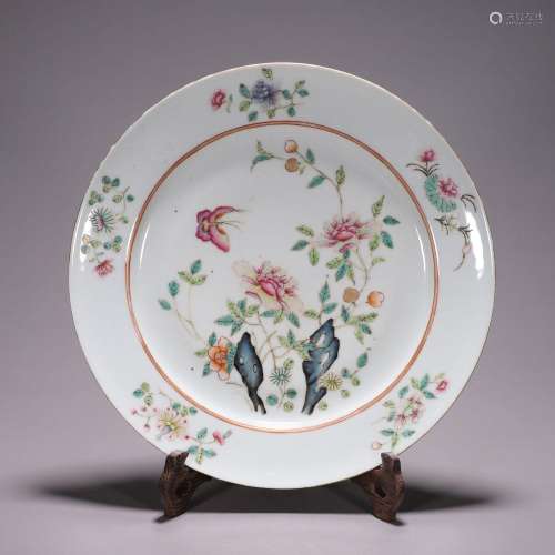 CHINESE PORCELAIN FAMILLE ROSE FLOWER PLATE LATE QING DYNAST...