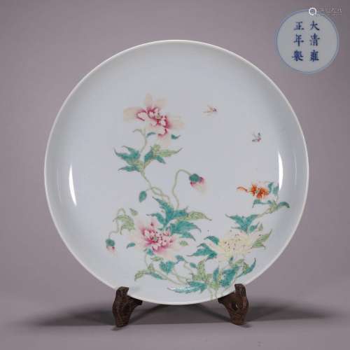 CHINESE PORCELAIN FAMILLE ROSE FLOWER PLATE YONGZHENG OF QIN...