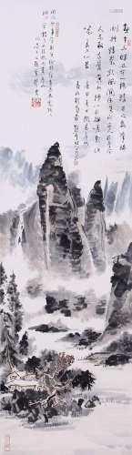 CHINESE SCROLL PAINTING OF MOUNTAIN VIEWS SIGNED BY LIN SANZ...