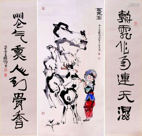 CHINESE SCROLL PAINTING OF GIRL AND DEER WITH CALLIGRAPHY CO...