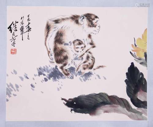CHINESE SCROLL PAINTING OF MONKEY SIGNED BY LIU JIYOU