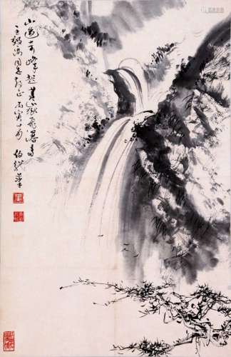 CHINESE SCROLL PAINTING OF WATERFALL SIGNED BY YAN BOLONG