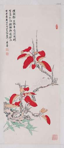 CHINESE SCROLL PAINTING OF BIRD AND FLOWER SIGNED BY XIE ZHI...
