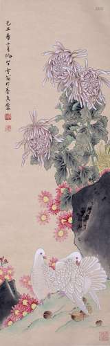 CHINESE SCROLL PAINTING OF BIRD AND FLOWER SIGNED BY CHEN ZH...