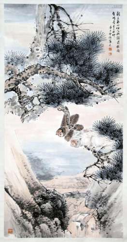 CHINESE SCROLL PAINTING OF MONKEY ON PINE SIGNED BY JIN MENG...
