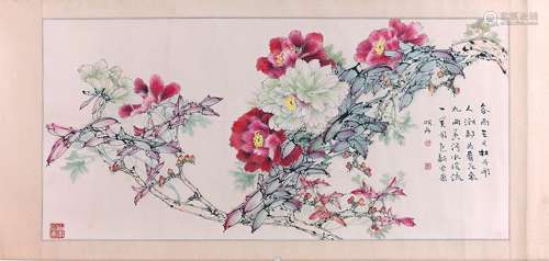 CHINESE SCROLL PAINTING OF BUTTERFLY AND FLOWER SIGNED BY MI...