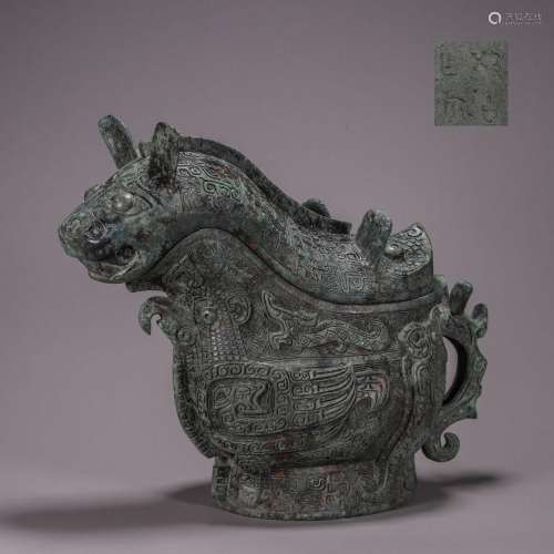 CHINESE ANCIENT BRONZE BEAST LIDDED JUE CUP