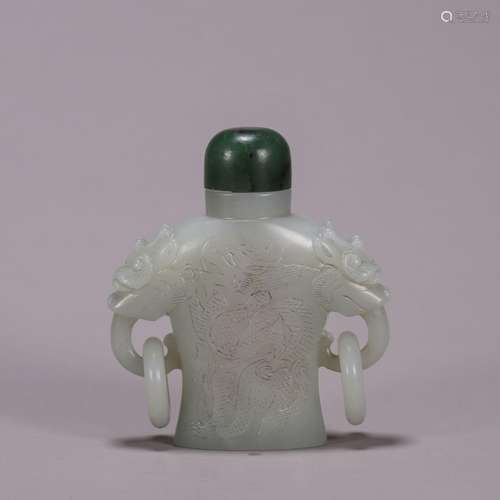 CHINESE CELADON JADE LDRAGON LOOP HANDLE SNUFF BOTTLE