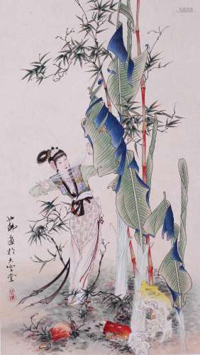 CHINESE SCROLL PAINTING OF BEAUTY UNDER BAMBOO SIGNED BY HU ...