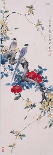 CHINESE SCROLL PAINTING OF BIRD AND FLOWER SIGNED BY YAN BOL...