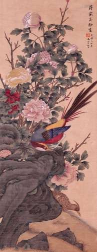 CHINESE SCROLL PAINTING OF BIRD AND FLOWER SIGNED BY SONG ME...