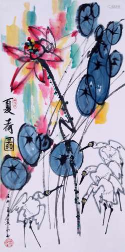 CHINESE SCROLL PAINTING OF CRANE AND LOTUS SIGNED BY HUANG Y...