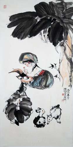 CHINESE SCROLL PAINTING OF GIRL AND RAM SIGNED BY CHENG SHIF...