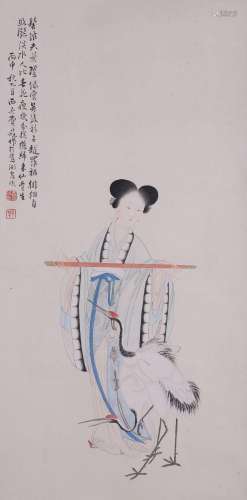 CHINESE SCROLL PAINTING OF BEAUTY AND CRANE SIGNED BY FEI DA...