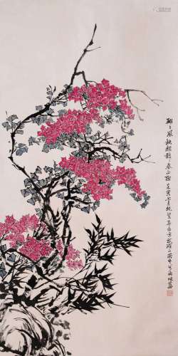 CHINESE SCROLL PAINTING OF FLOWER AND ROCK SIGNED BY GUO WEI...
