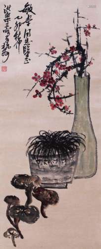 CHINESE SCROLL PAINTING OF FLOWER IN VASE SIGNED BY ZHU LESA...