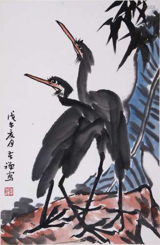 CHINESE SCROLL PAINTING OF CRANE AND LEAF SIGNED BY LI KUCHA...