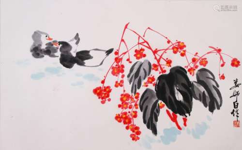 CHINESE SCROLL PAINTING OF DUCK AND FLOWER SIGNED BY LOU SHI...