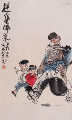 CHINESE SCROLL PAINTING OF MAN WITH KIDS SIGNED BY ZHOU SICO...