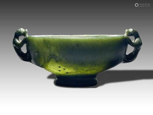 A CHINESE SPINACH JADE DOUBLE HANDLED CUP, QING DYNASTY (164...