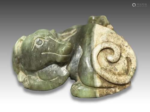 A CHINESE SPINACH JADE FIGURE OF A RECUMBENT DOG , QING DYNA...