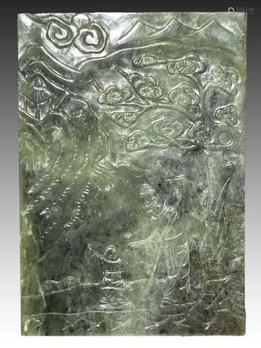 A LARGE CARVED CHINESE SPINACH JADE PLAQUE, QING DYNASTY (16...