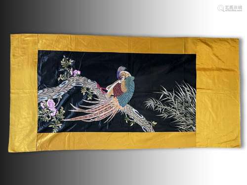 A LARGE CHINESE PEACOCK SILK EMBROIDERY PANEL, QING DYNASTY ...