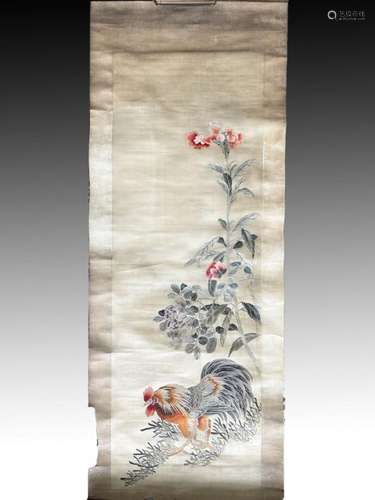 A CHINESE HEN EMBROIDERY SCROLL ON GOUACHE, QING DYNASTY (16...