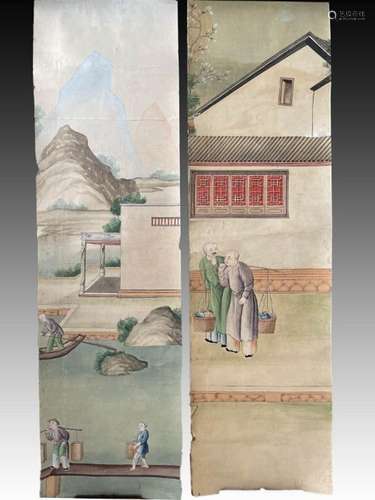 A PAIR OF CHINESE PAINTED WALLPAPER PANELS, QING DYNASTY (16...